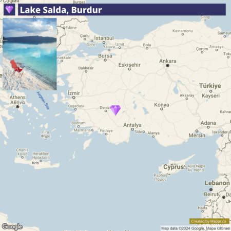 A map showing the location of Lake Salda in Burdur, Turkey, with a superimposed image of a red chair by the lake's edge.