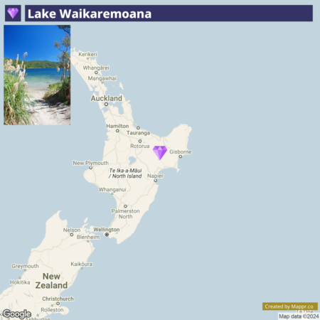 A map of New Zealand highlighting Lake Waikaremoana with a small photo of the lake in the upper left corner and a list of city names indicating their locations on the North Island. The Google logo is present at the bottom of the map.