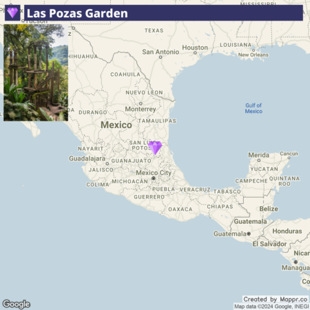 Map showing the location of Las Pozas Garden in Mexico, with a purple marker indicating the garden's position, along with a top left inset photo of the garden's lush greenery and surreal concrete structures.