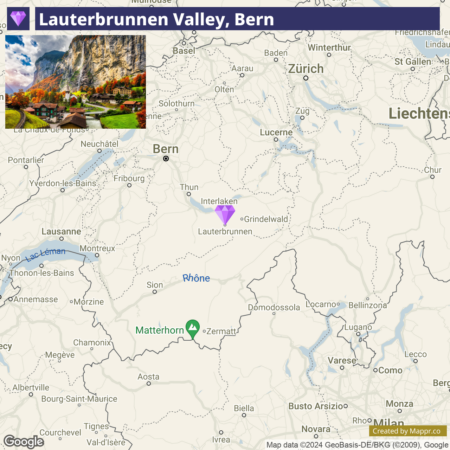 A map showing the Lauterbrunnen Valley in Bern, Switzerland, with notable locations like Bern, Zurich, Lucerne, Matterhorn and Zermatt marked, including Lucerne Lake and Lauterbrunnen indicated by a purple icon. A scenic inset photo at the top-left corner shows the picturesque Lauterbrunnen Valley with towering cliffs and a village.