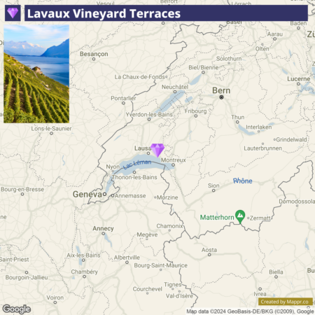 An inset image of the Lavaux Vineyard Terraces overlooking a lake, placed within a map highlighting the region around Lake Geneva, Lausanne, and Bern in Switzerland, with location markers for the Lavaux area and Matterhorn mountain.