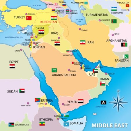 A colorful political map of the Middle East showing country boundaries, names, and flags, with major cities marked and surrounding bodies of water labeled.