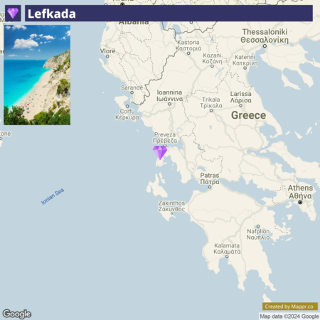 A split-view image with a photo of a beach on Lefkada island in the top half, showing a turquoise sea and white sandy shore flanked by greenery, and a Google map in the lower half highlighting Greece with Lefkada island marked by a purple pin. The image also includes the Google and Mappr.co logos.