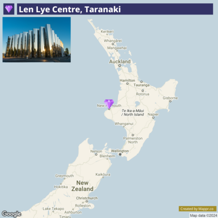 Alt text: Map of New Zealand highlighting the Len Lye Centre in Taranaki with a photo of the Centre's distinctive architecture at the top, and various city names marked on the map.