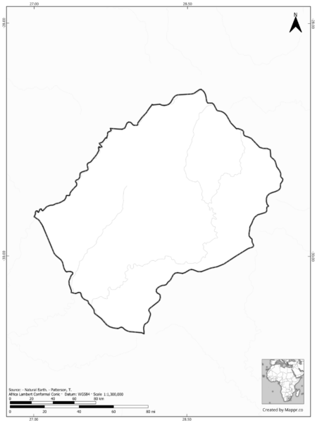 Blank black and white map of Lesotho with borders and no labels.