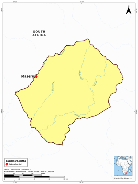 Map highlighting Maseru, the capital of Lesotho, with country borders, in color.