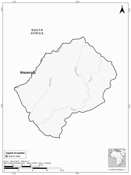 Black and white map highlighting Maseru, the capital of Lesotho.