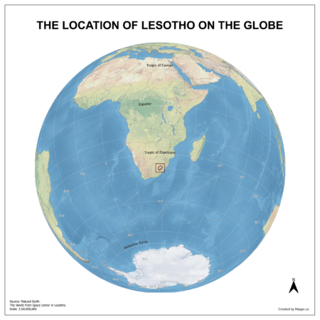 Map showing Lesotho's location on a globe, highlighted in red on the African continent.