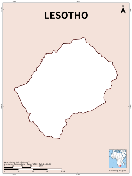 Outline map of Lesotho with country borders in color.