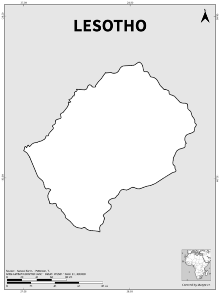 Black and white outline map of Lesotho, showing the country's borders.