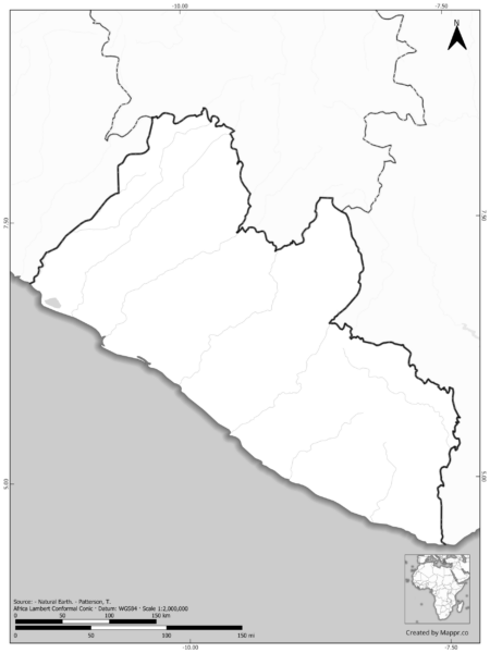 Blank black and white map of Liberia with borders and no labels.