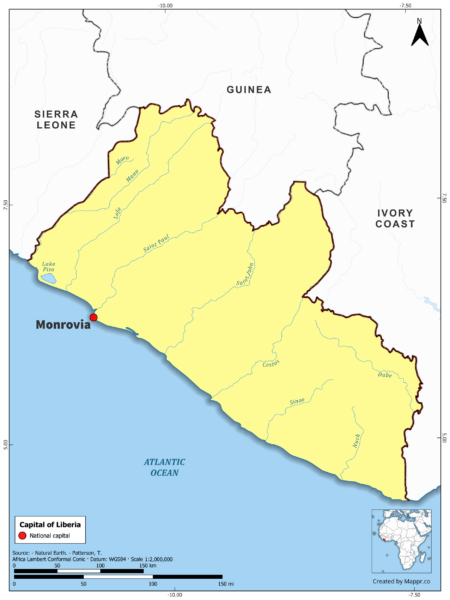 Map highlighting Monrovia, the capital of Liberia, with country borders, in color.