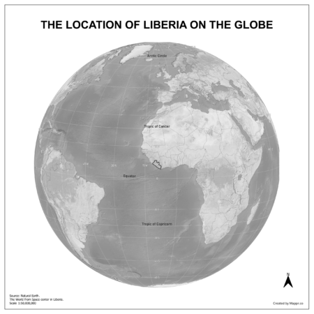 Map showing Liberia's location on a globe, highlighted in red on the African continent.