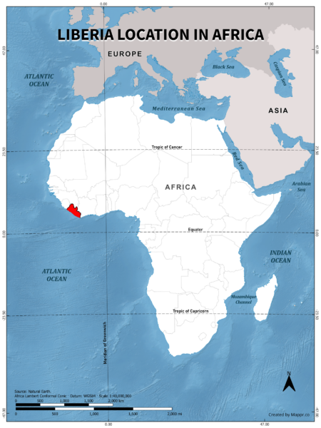 Liberia location on world map, color version.