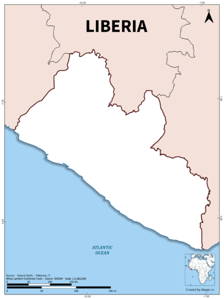 Outline map of Liberia with country borders in color.