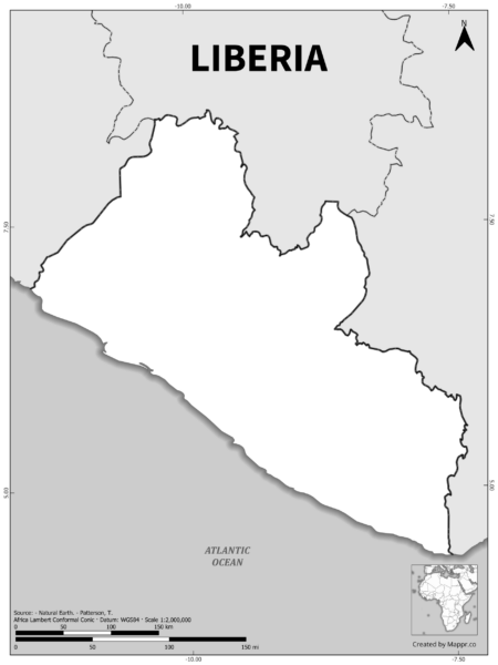 Black and white outline map of Liberia, showing the country's borders.