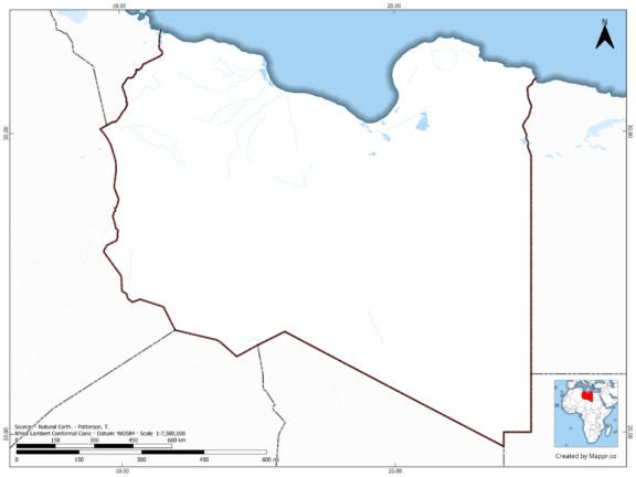 Blank map of Libya showing borders and no labels, in color.