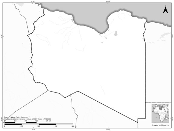 Blank black and white map of Libya with borders and no labels.
