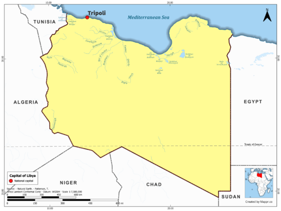 Map highlighting Tripoli, the capital of Libya, with country borders, in color.