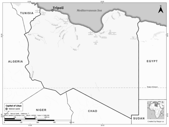 Black and white map highlighting Tripoli, the capital of Libya.