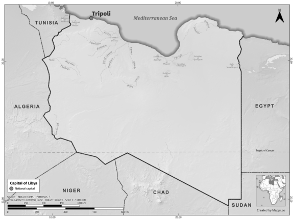 Black and white map of Libya highlighting Tripoli as the capital, with neighboring countries.