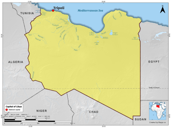Map highlighting Tripoli, the capital of Libya, with surrounding countries and geographical features, in color.