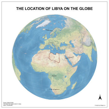 Map showing Libya's location on a globe, highlighted in red on the African continent.