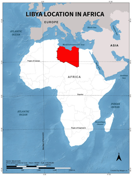 Libya location on world map, color version.