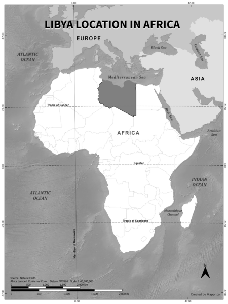 Libya location on world map, black and white version.