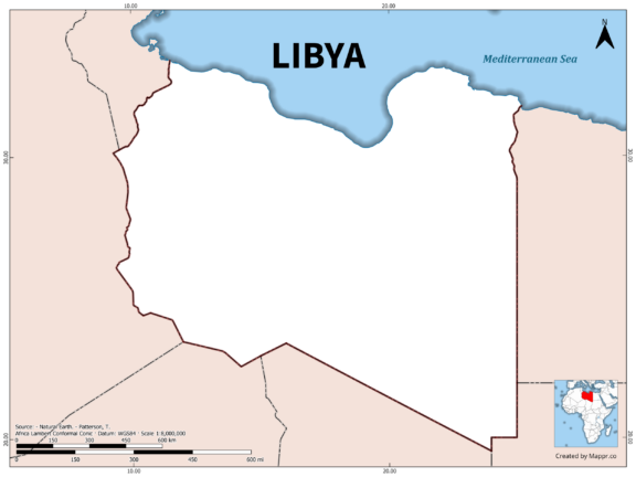 Outline map of Libya with country borders in color.