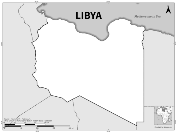 Black and white outline map of Libya, showing the country's borders.