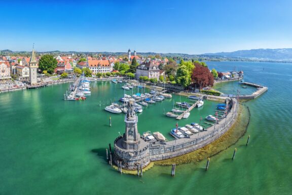 Aerial View of Lindau Harbor on Lake Constance Lindau's stunning views and a blend of Bavarian, Austrian, and Swiss cultures