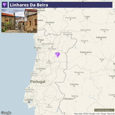 A location marker for Linhares Da Beira on a Google map of Portugal, with a small image insert showing stone buildings in a village.