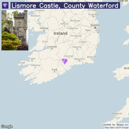 A map of Ireland highlighting Lismore Castle's location in County Waterford with an inset image of the castle on the upper left corner.