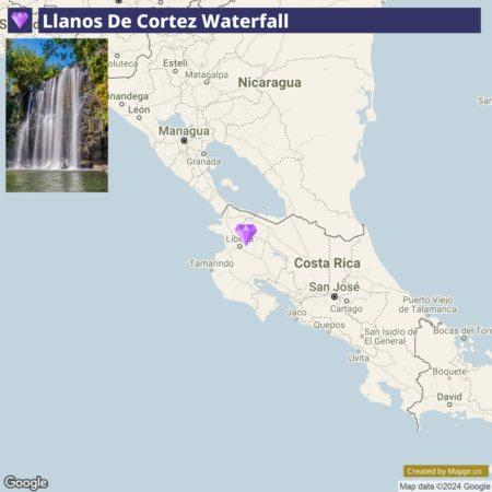 A map highlighting the location of Llanos De Cortez Waterfall in Costa Rica, with an inset photo of the waterfall on the left side.