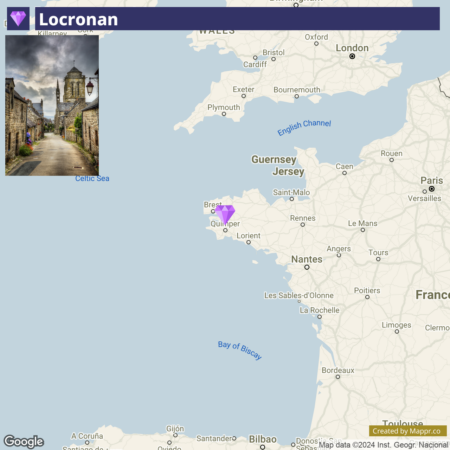 Alt text: A composite image showing a cobblestone street in the historic French village of Locronan on the left, and a map of the surrounding region highlighting Locronan's location in Brittany, France on the right. The map shows nearby cities and bodies of water, with a Google and Mapper.co watermark at the bottom right.