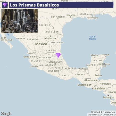 An interactive map of Mexico highlighting "Los Prismas Basalticos" with a purple diamond marker slightly northeast of Mexico City.