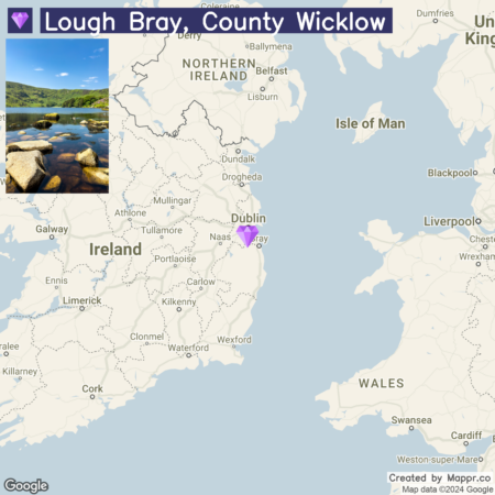 An image featuring a dual layout with the upper portion showing a scenic photograph of Lough Bray in County Wicklow, Ireland, with clear skies, a body of water, green hills, and rocky shores, and the lower portion presenting a map highlighting the location of Lough Bray near Dublin, on the east coast of Ireland, created by MappR.co with Google map data.