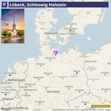 A map highlighting the location of Lübeck in Schleswig Holstein, Germany, with a small picture of the city's waterfront and skyline in the lower left corner.