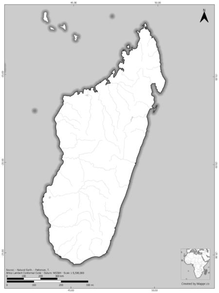 Blank black and white map of Madagascar with borders and no labels.