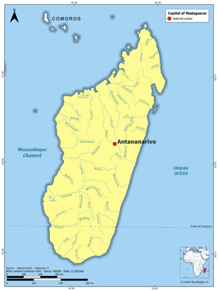 Map highlighting Antananarivo, the capital of Madagascar, with country borders, in color.