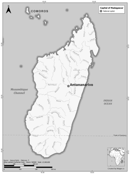 Black and white map highlighting Antananarivo, the capital of Madagascar.