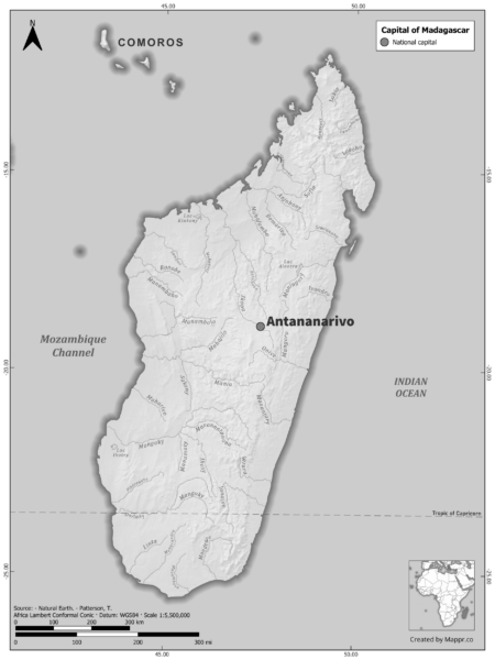 Black and white map of Madagascar highlighting Antananarivo as the capital, with neighboring countries.