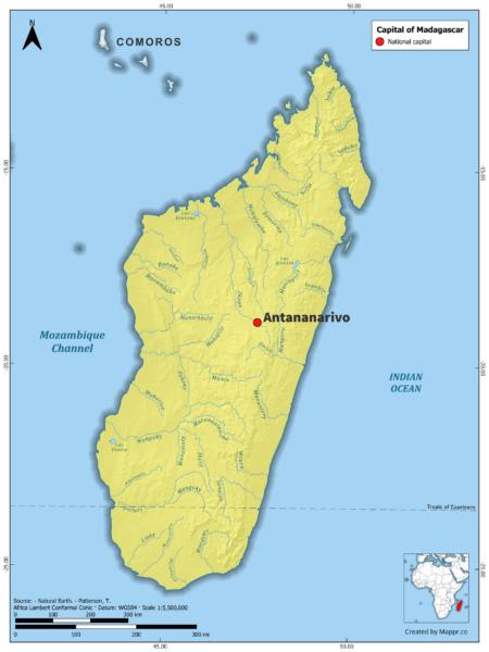 Map highlighting Antananarivo, the capital of Madagascar, with surrounding countries and geographical features, in color.