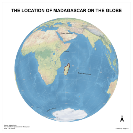 Map showing Madagascar's location on a globe, highlighted in red on the African continent.