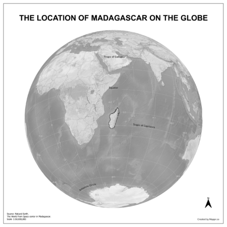 Map showing Madagascar's location on a globe, highlighted in red on the African continent.