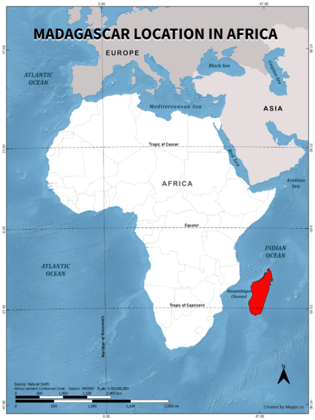 Madagascar location on world map, color version.