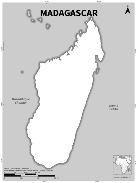 Black and white outline map of Madagascar, showing the country's borders.