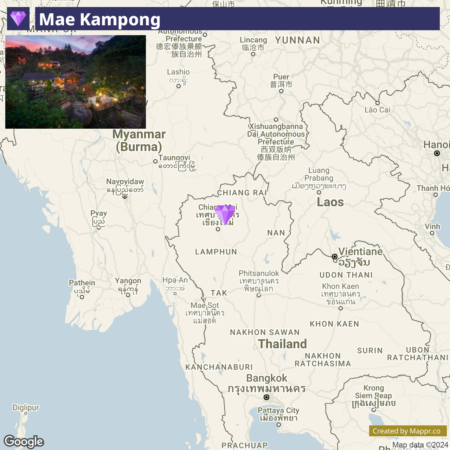 An annotated map highlighting the location of Mae Kampong in northern Thailand with an inset photo showing a twilight view of the Mae Kampong village.