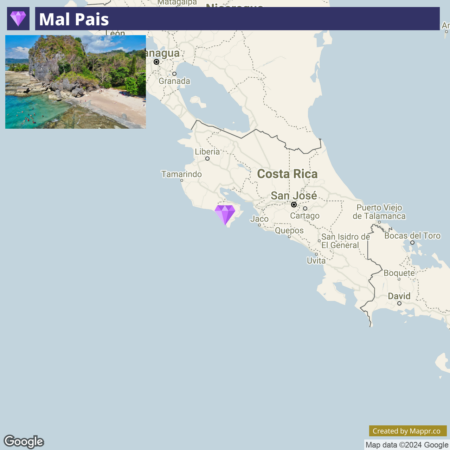 A Google map showing the location of Mal Pais in Costa Rica with an inset image of a picturesque beach with rocks and trees in the upper left corner.